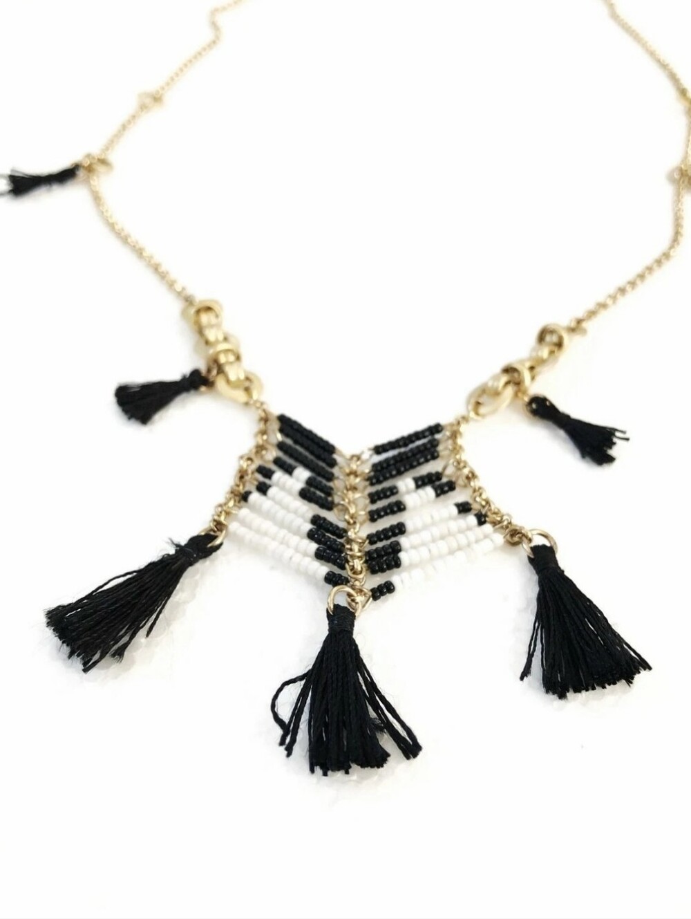 Anthropologie Black & White Beaded Tassel Fringe Necklace 31"